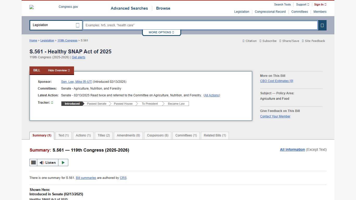 S.561 - 119th Congress (2025-2026): Healthy SNAP Act of 2025 Congress.gov Library of Congress